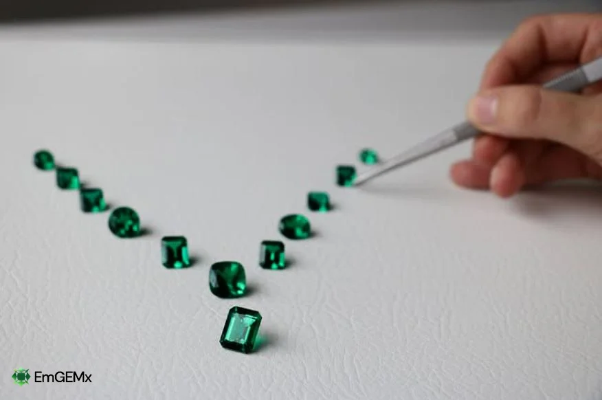 Collection of emeralds being inspected with tweezers